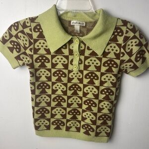 Derek Heart women’s  Polo cropped sweater  - Green and Brown Mushroom Pattern
